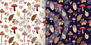 Autumn seamless patterns set, backgrounds, wallpapers with seasonal design