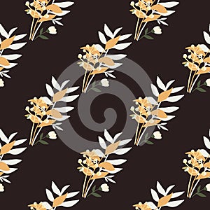 Autumn seamless season pattern with orange and white tones forest bouquet ornament. Dark brown background