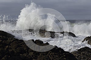 Autumn seascape with big waves splash