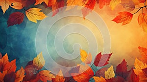 Autumn season background with colored leaves on blue and orange gradient background. Top view