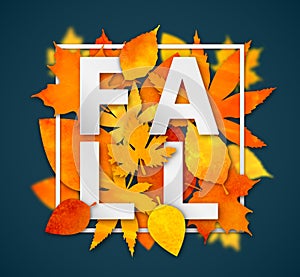 Autumn season banner. Greeting card with text Fall and hand drawn watercolor fall leaves in square frame. Modern design