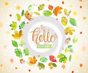 Autumn season banner, poster. Greeting card with copy space and hand drawn watercolor fall leaves. Modern vector