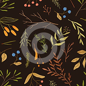 Autumn season botany flat vector seamless pattern. Dried leaves and branches texture. Blueberries twigs on black