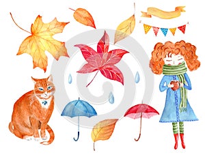 Autumn season decorative symbols watercolor raster illustrations set