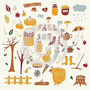 Autumn Season Fall Doodle Icons Hand Made Vector Art Design Color