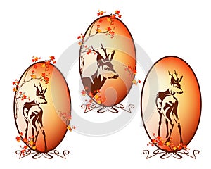 autumn season fauna and flora oval vector frame with roe deer and tree branches