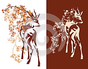 Autumn season in the forest with deer and tree branches vector decor set