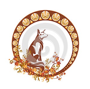 autumn season forest scene with fox and tree branches art nouveau style vector frame