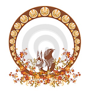 Autumn season forest squirrel art nouveau style vector frame