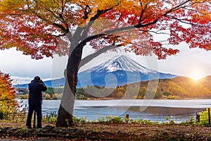 Autumn Season and Fuji mountain at Kawaguchiko lake, Japan. Photographer take a photo at Fuji mt