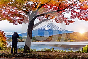 Autumn Season and Fuji mountain at Kawaguchiko lake, Japan. Photographer take a photo at Fuji mt photo