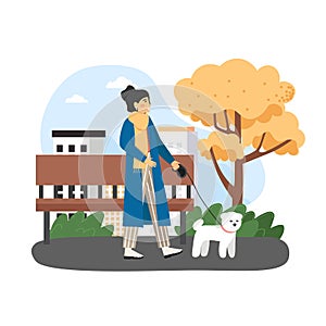 Autumn season. Happy woman walking with her pet dog in city park and enjoying fall, flat vector illustration.