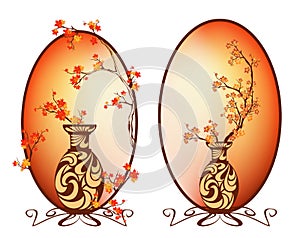 Autumn season maple tree branches ikebana arrangemenet in oval vector frame