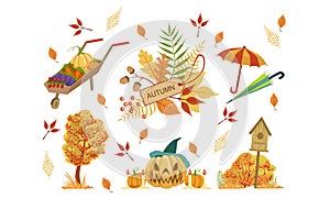 Autumn Season Objects Collection, Autumnal Design Elements, Wheelbarrow with Vegetables, Halloween Pumpkin, Colorful
