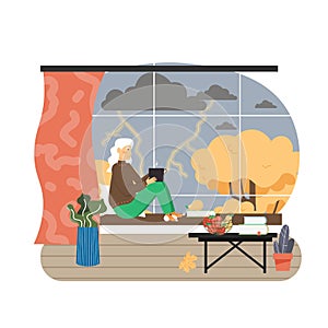 Autumn season. Senior woman sitting by the window with cup of hot tea, flat vector illustration. Stormy weather.