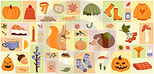 Autumn season square collage set vector illustration.