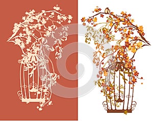 Autumn season tree branches and bird cage vector design set