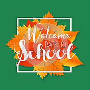 Autumn season welcome back to school. Painted lettering hand drawn. Label and banner template with yellow red leaves