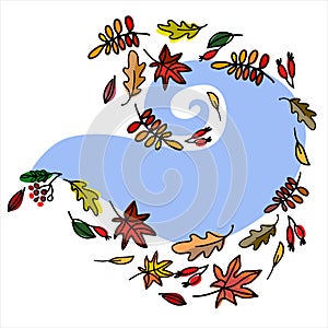 Autumn seasonal background with falling leaves, berries and sky blue abstract shape