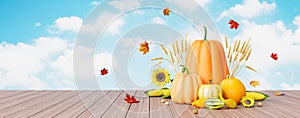 Autumn seasonal background with red falling leaves and fall decorations on wooden plank 3d render