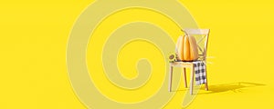 Autumn seasonal concept on yellow background with pumpkin on wooden chair 3d render