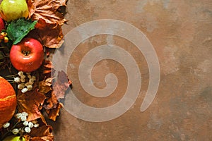 Autumn seasonal fruits, dried flowers and maple leaves on brown backdrop. Copy space.