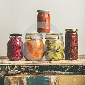 Autumn seasonal pickled or fermented colorful vegetables, square crop