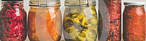 Autumn pickled colorful vegetables in jars placed in row