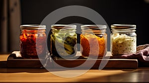 Autumn seasonal pickled or fermented vegetables in jars placed in row over vintage kitchen drawer, white wall background