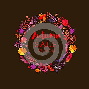 Autumn seasonal poster with autumn leaves. Vector watercolor colorful circular floral wreath with autumn flowers and
