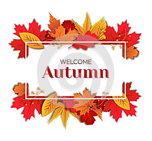 Autumn seasonal rectangle frame isolated on white background. Colorful autumn frame with leaves for text.