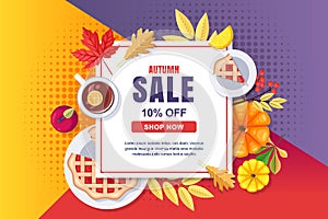 Autumn seasonal sale vector banner, poster template. White frame background with fall harvest, accessories and leaves