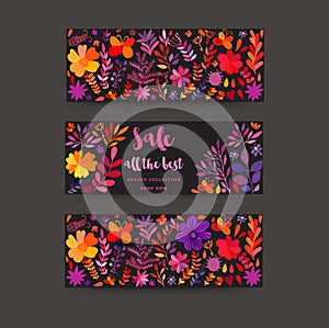 Autumn seasonals horizontal banners with autumn leaves and floral elements in fall colors. Autumn SALE greetings card