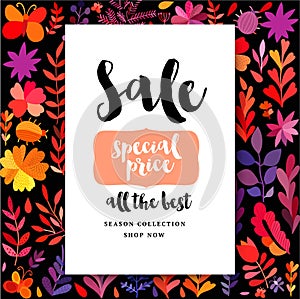 Autumn seasonals poster with autumn leaves and floral elements in fall colors. Autumn SALE card perfect for prints