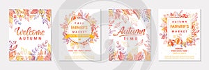 Autumn seasonals postes with leaves and floral elements in fall colors photo