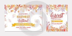 Autumn seasonals postes with leaves and floral elements in fall colors