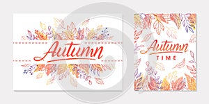 Autumn seasonals postes with leaves and floral elements in fall colors photo