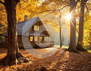 Autumn Serenity at Rustic Cabin, tranquil autumn scene with sunlight