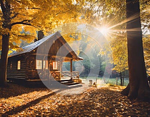 Autumn Serenity at Rustic Cabin, tranquil autumn scene with sunlight