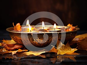 Autumn Serenity: Tarnished Brass Bowl with Floating Candles and Leaves on a Smooth Slate Canvas