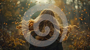 Autumn Serenity: Woman with Flowing Hair Amidst Falling Leaves