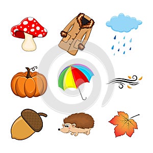 Autumn set. Autumnal cartoon symbols collection isolated on white. Fall illustration elements. Seasonal vector icons with coat,