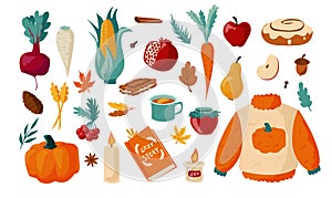 Autumn set. Cartoon falling foliage with warm clothes. Hot drinks and sweet cookies. Vegetables or fruits harvest. Cozy