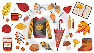 Autumn set. Cozy hand drawn decorative elements for poster greeting cards and invitations with tea sweater candles and