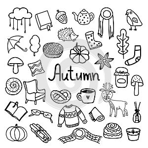 Autumn set doodle illustrations isolated on white.