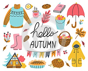 Autumn set of elements with hand lettering. Sweater, umbrella, harvest. Vector illustrations in a flat style. Design of packaging