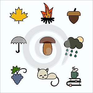 Autumn set. Leaf, bonfire, acorn, umbrella, mushroom, rain grapes cat cup and tea