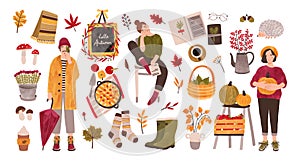 Autumn set - people holding gathered seasonal crops, fallen leaves, rubber boots, knitted socks, forest mushrooms