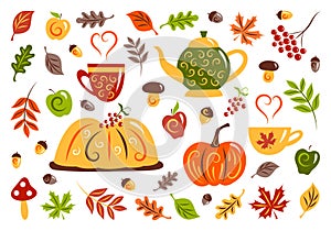 Autumn set: pumpkin pie, apples, mushrooms, pumpkin, berries, acorns, yellowing leaves, kettle and cups with hot drink