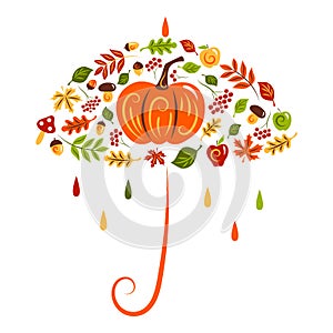 Autumn set in the shape of an umbrella: pumpkin, apples, mushrooms, berries, acorns, yellowing leaves. Gardening. Flat